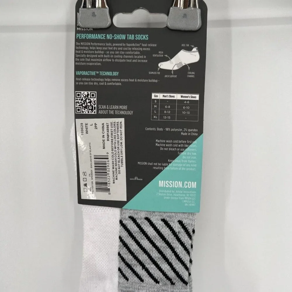 Mission White Performance No-Show Tab Socks sz L Mens 8-12/Womens 10-13 2 Pairs
